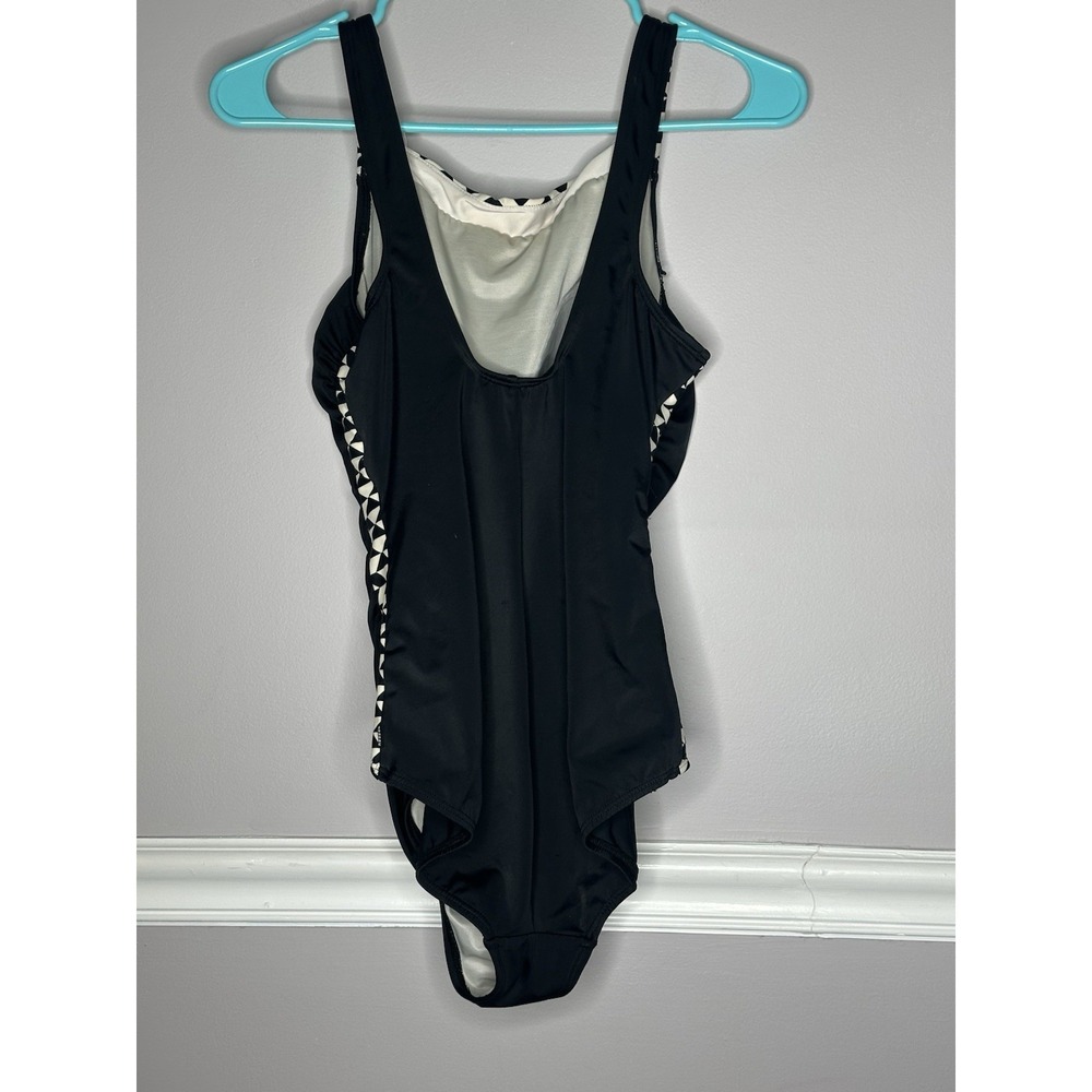 Reebok Swimsuit Black One Piece Women Sz 10 Slimming Geometric Trim - Picture 4 of 9